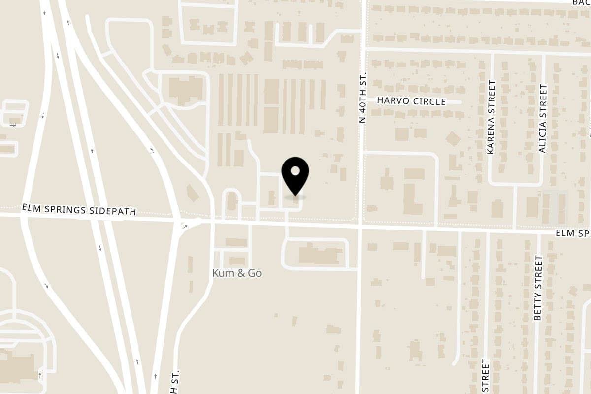 Map showing the location of Boss Man Tacos Burritos & More on 4126 Elm Springs Road in Springdale